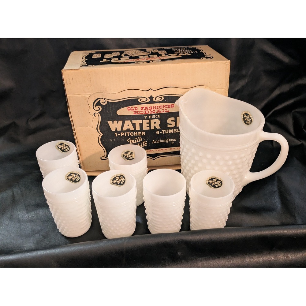 Anchor Hocking Milk White Hobnail Water Set 7 Piece Pitcher & Tumblers with Box - Picture 2 of 16